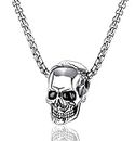 Koguxuix Fashion Jewelry Stainless Steel Skull Pendant Necklace for Men Punk Rapper High Polished Skull Head Hip Hop Pendant Necklace with 22 Inches Box Chain for Women Men (Silver)