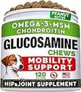 STRELLALAB Glucosamine Treats for Dogs - Joint Supplement w/Omega-3 Fish Oil Chondroitin, MSM Advanced Mobility Chews Pain Relief Hip & Care Peanut Butter Flavor 120 Ct (SL63GBPB)