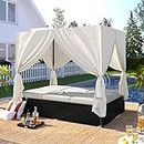 LUMISOL Outdoor Canopy Bed Patio Sunbed Daybed with Retractable Canopy, Rattan Sun Lounger Patio Loveseat Sofa Set with Curtains