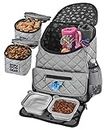 Mobile Dog Gear, Dog Travel Bag, Deluxe Quilted Weekender Backpack, Includes Lined Food Carriers and 2 Collapsible Dog Bowl, Gray