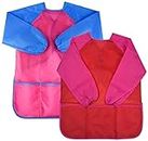 2 Pack Kids Art Smock Toddler Children Painting Apron, Waterproof Play Apron Long Sleeves with 3 Roomy Pockets Age 3-7 Years Girls and Boys for Painting, Craft, Water Play, Eating(Pink+Red)