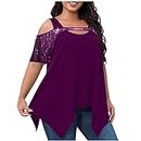 Tuianres Summer Plus Size Shirts for Women Fashion Beaded Hollow Irregular Hem Flowy Yards Short-Sleeved T-Shirt Tops, 01#purple, X-Large