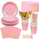 Pink & Gold Party Tableware Set, 193pcs Pink Dot Tableware Set - Pink and Gold Paper Plates Cups Napkins & Pink Gold Polka Dot Tablecloth etc Pink and Gold Party Supplies Tableware