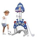 Metreno 5in1 Kids Basketball Set at Home for Boys and Girls Height Adjustable Upto 140cm Multifunctional Babies Football Set, Ring, Hockey Stick with Stand Upto 5 Yrs (Blue)