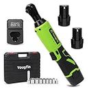 Yougfin Cordless Electric Ratchet Wrench Set, 40 Ft-lbs 12V Power Ratchet Kit with 60-Min Fast Charger, Variable Speed, 2 Packs 2000mAh Lithium-Ion Battery (3/8 inch)
