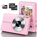 IWEUKJLO Digital Camera, Kids Camera with 32GB Card FHD 1080P 44MP Vlogging LCD Screen 16X Zoom Compact Portable Mini Rechargeable Gifts for Students Teens Adults Girls Boys-Pink (DC403)