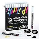 Chalk Markers, 12 Pack White Liquid Chalk Markers Pens for Blackboards, Windows, Glass, Cars, Water-based, Erasable, Reversible 3mm Fine Tip with 30 Chalkboard Labels for Office Home Supplies