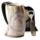 Fenrir Premium Viking Natural Drinking Horn Mug with Bottle Opener for Ale Beer Cold Drink Special Edition (Premium Valknut) Natural Shine Polished (16-oz) -2 Pieces Set