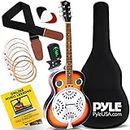 Pyle, Resophonic Acoustic Electric Guitar-6 Round Neck Sunburst Mahogany Traditional Resonator w/Built-in Pre Amplifier, Case Bag, Strap, Steel Strings, Tuner, Picks PGA500BR, White
