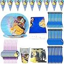 BESTZY Beauty and the Beast Birthday Decoration Party Tableware Kit Princess Belle Party Supplies Decorations Cutlery Include Plates Cups Napkins Tablecloth Banner 82 PCS