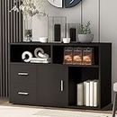 BTM Black Wood Sideboard,Wooden Storage Cabinet for Living Room,Black TV Unit with 2 Drawers,1 doors,3 storage shelf,Size:100 CM X 40CM X 66cm L x W x H (Black)