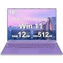 Ruzava 16" Laptop 12+512GB Celeron CPU N5095 (Up to 2.9Ghz) 4-Core Win 11 PC with Cooling Fan 1920 * 1200 2K Screen Dual WiFi BT4.2 Support 2.5" HDD 1TB SSD Expand for Business Study-Purple