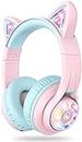 iClever Kids Headphones Wireless Cat Ear, LED Lights Up, 74/85/94dB Volume Limited, 50H Playtime,Bluetooth 5.2, USB C, Kids Headphones Wireless Over Ear for Travel iPad Tablet, Meow Macaron-Pink
