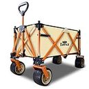 TMZ Collapsible Folding Wagon Cart, Outdoor Utility Garden Cart, Heavy Duty Camping Wagon with Big Wheels，Foldable Wagon for Sports, Shopping, Fishing and Beach(Beige)