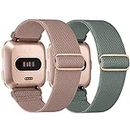 Adepoy 2 Packs Elastic Compatible with Fitbit Versa 2 Straps, Braided Nylon Sports Replacement Band for Fitbit Versa 2/Versa/Versa Lite Straps, Women Men （DarkPink+Green）