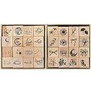 Hacaroa 32 Pieces Wooden Rubber Stamp Set, Moon Star Botanical Decorative Wood Stamps for Journal, Diary, Scrapbook, Planner, Letter, DIY Craft, Card Making