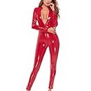 discountstore145 Women Solid Color Zipper Faux Patent Leather Jumpsuit Bodysuit for Club Red M