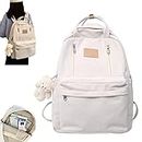 Vimlo Preppy Backpack with Plushies, Light Academia Bookbags, Cute Vintage Backpack, Solid Aesthetic School Bag, for Teen Girls (Color : White)
