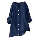 Women's Tunic Blouse Tops Fashion Plus Size Shirt Solid Cotton Linen Loose Casual Long Sleeve V Neck Button Down Tees Shirts Today Deals