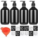 4 Pcs 500ml Soap Dispenser with Pump, Empty Refillable Pump Bottle Dispensers for Kitchen Bathroom Liquid Hand Dish Soap Dispenser Bottles Containers, with Funnel and Label - Black. (Black)