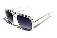 Classic Square Frame Plastic Flat Top Aviator with Metal Trimming Sunglasses (Clear Gold, Black)