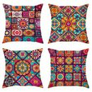 "4pcs, Mandala Flower Plaid Orange Polyester Throw Pillow Covers, Bohemian Abstract Vintage Pillow Covers, Decorative Cushion Covers 45×45cm/18 ""x18"", For Living Room Bedroom Sofa Bed Decoration"