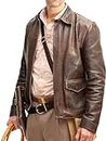 Men's Raiders of The Lost Ark Brown Leather jacket | Brown distressed Leather Jacket Harrison American Bomber Leather Coat, Brown, X-Large