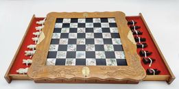 Authentic Chinese Chess Set Carved Dragons & painted tiles Teak & Camphor Wood