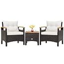 Tangkula 3-Piece Patio Furniture Set, Patiojoy Outdoor Rattan Sofa Set with Coffee Table, Patio Conversation Set with Removable Cushion, Cozy Acacia Wood Armrests for Backyard, Poolside (Off White)