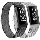 Dailatu 2 Pack Metal Bands Compatible with Fit bit Charge 4 Band for Women Men, Mesh Breathable Wristband with Adjustable Magnet Clasp for Fit bit Charge 4 / Charge 3 / Charge 3 SE (Black & Silver)
