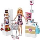 Barbie Mobilier Coffret Supermarché fourni avec poupée à robe fleurie, rayon de marchandise, caisse et accessoires, jouet pour enfant, FRP01