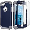iPhone 6S Case, iPhone 6 Case with Tempered Glass Screen Protector, IDweel 3 in 1 Heavy Duty Rugged Shockproof Hybrid Hard PC Covers Soft Silicone Full Body Protective Case for Men Boys, Blue Gray