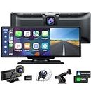 LAMTTO 9.26" Wireless Car Stereo Apple Carplay with 2.5K Dash Cam, 1080P Backup Camera, Portable Touchscreen GPS Navigation for Car, Car Stereo Receiver with Bluetooth, AirPlay, AUX/FM, Googel, Siri