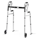 3 in 1 Folding Walker with 5” Front Wheels by Health Line Massage Products, Width Adjustable Compact Standard Walker Support Up to 350lbs, Quick Folding 2 Wheels Walker for Seniors, Adults Sliver