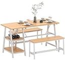 SogesPower 3 Pieces Dining Table Set,Dining Table with Shelf,Breakfast Table with 2 Benches,Small Kitchen Table with Wine Rack,Glass Holder(55 Inches, Millennium Oak)