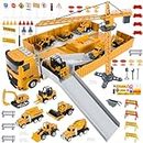 FORMIZON Vehículos de Construcción para Niños, Juego de Juguetes para Vehículos de Camión, Juguetes de Camiones Transportadores con Música y Luces, 6 Mini Vehículos de Obra (Amarillo)