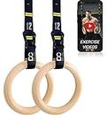 Double Circle Wood Gymnastic Rings with Quick Adjust Numbered Straps, Door Anchor, Foot Straps and Exercise Videos Guide for Full Body Workout, Calisthenics, and Home Gym (Rings 28mm)