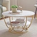 Friends & Furniture Marble Round Coffee Table,2 Tier Nesting Tables for Living Room, Modern Luxury Sofa Center Table with Double Storage Self Marble MDF Top Metal Legs Accent Table (White - Golden)