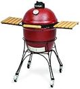 Kamado Joe® Classic Joe™ I Premium 18-inch Ceramic Charcoal Grill and Smoker in Red with Cart, Side Shelves, Grill Gripper, and Ash Tool. 250 Cooking Square Inches, 2 Tier Cooking System, Model KJ23RH
