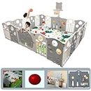 Metreno 16 Panel Playard Playpen for Babies Kids Play Yard with Mat and Balls Gate Playard for Baby Play Area Indoor Setup,Kid Toddlers Playpen Baby Upto 4 Yrs (5.2 * 6.1 FT=30 SQFT Grey Elephant)