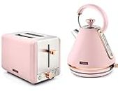 Tower Cavaletto Pink 1.7L 3KW Pyramid Kettle & 2 Slice 850w Toaster. Contemporary Matching Kettle & 2 Slice Toaster Set in Pink & Rose Gold
