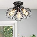 LALUZ Wire Cage Pull String Industry Close to Ceiling Light Fixture, 14.2"W x 10"L, Oil Black