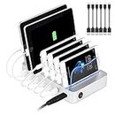 PRITEK Charging Station Dock & Organizer Compatible with Cellphone Tablet & Other Gadget 6-Port USB Charger Station & Docking Station with Charging Status Indicator include 6pcs cable (Silver)