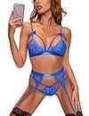 Evelife Women Lace Lingerie Set with Garter Belt 3 Pieces, Sexy Lace Bra and Panties Set Strappy Teddy Babydoll Nightwear(Bleu S)