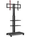 FITUEYES TV Stand on Wheels with 20mm Wood Base for 32-70 Inch, 60° Swivel & 6 Height Adjustable Mobile TV Stand Trolley TV Cart, Tall Floor TV Stand with 3 Shelves, Max. VESA 600x400mm Holds 40kg
