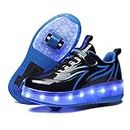 Qneic Roller Shoes USB Rechargeable Roller Skate Shoes Wheels Sneakers for Boys Girls Light Up Shoes Kids, 01-blue/Black-double Wheels, 4 Big Kid
