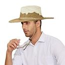 GUSTAVE® Cowboy Hat Wide Brim Summer Hat Sun Hat Beach Hat Hiking Hat Unisex Fashion Khaki Hiking Hat Cowboy Summer Breathable Woven Flax Hat with Chin Strap