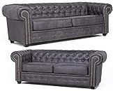 Astor Chesterfield Style Sofa Set 3+2 Seater Armchair Grey Faux Leather (3+2 Seater)