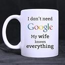 Funny I don't need My Wife knows everything Ceramic Coffee White Mug (11 Ounce) Tea Cup - Personalized Gift For Birthday,Christmas And New Year