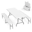 VINGLI Picnic Table Set with 2 Benches, 6 Feet Camping Table Chair Set,3-Piece Folding Furniture for Indoor or Outdoor Use, Smooth Tabletop, White